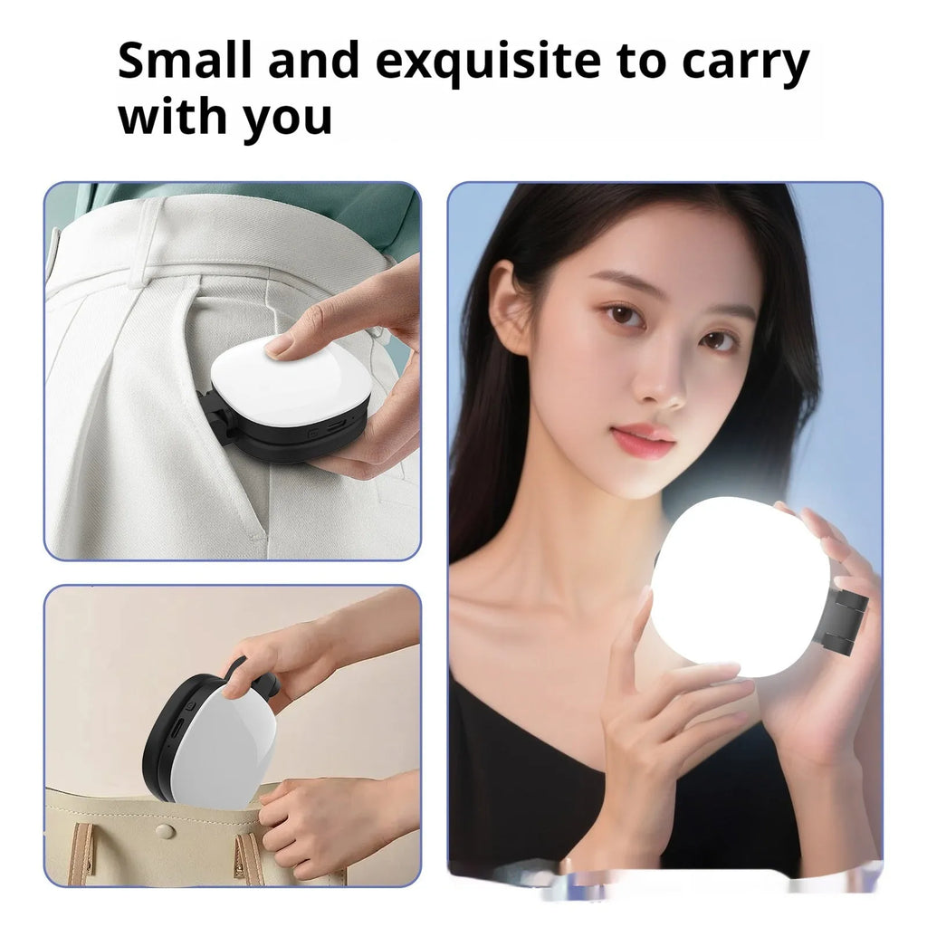 Black and white mini magnetic fill light with adjustable phone holder and three-colour LED lights