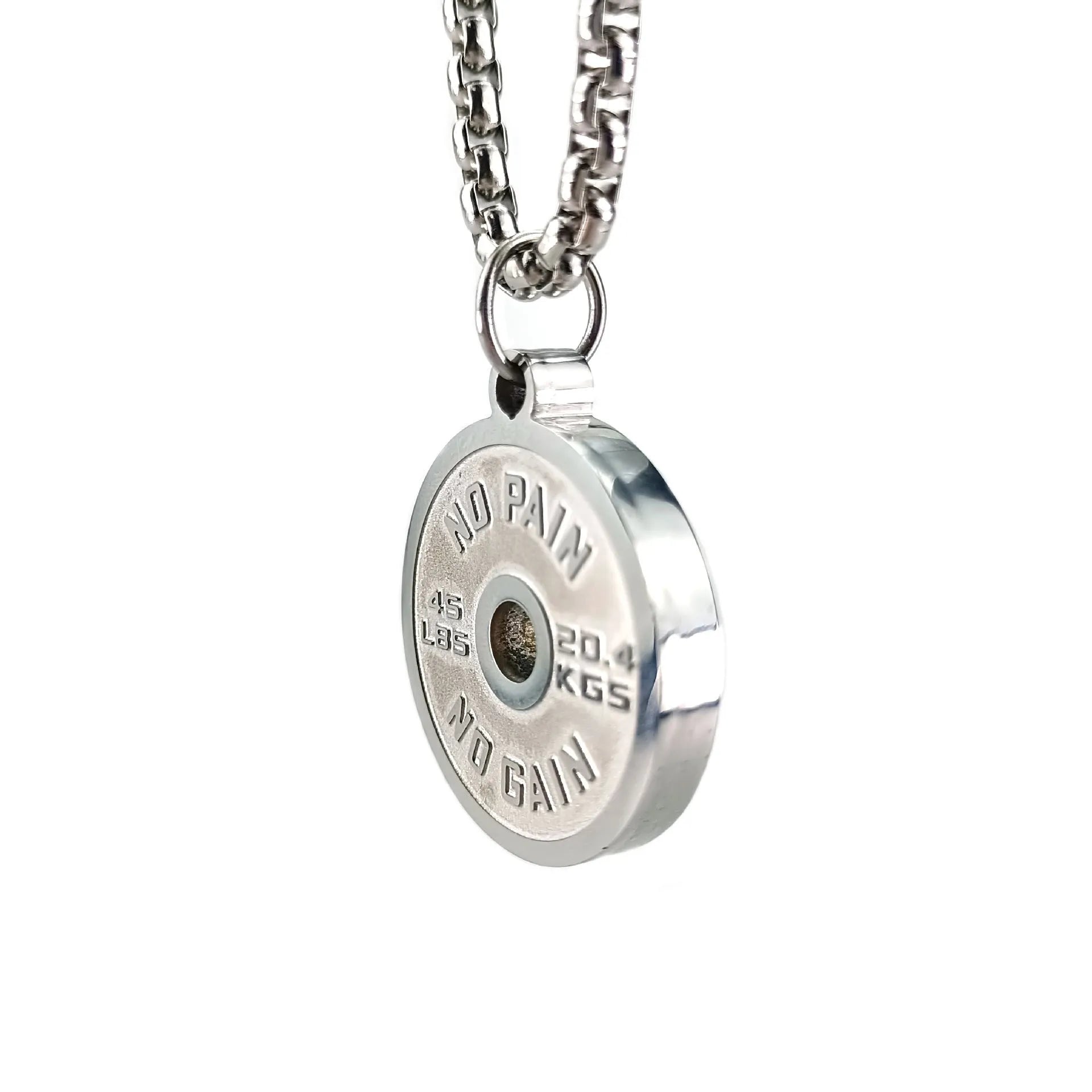 Polished stainless steel barbell disc pendant on a 60cm chain, showing geometric fitness jewellery design.