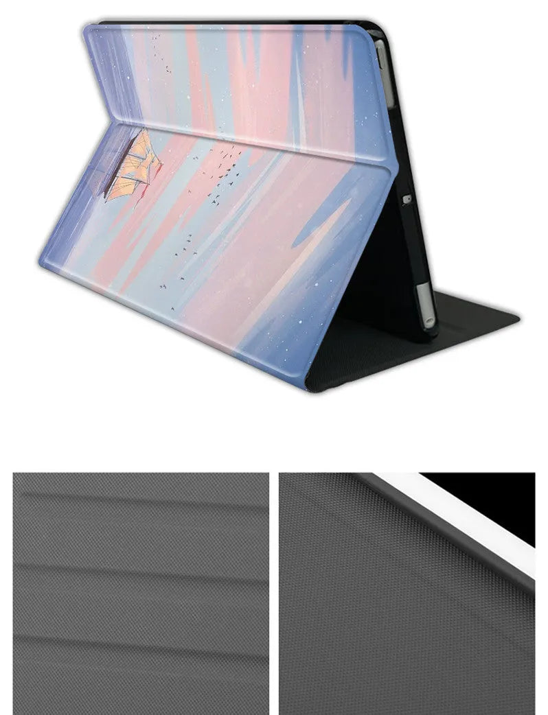 Silicone book-style iPad cover with dreamy painting style sailing design, fits multiple iPad sizes