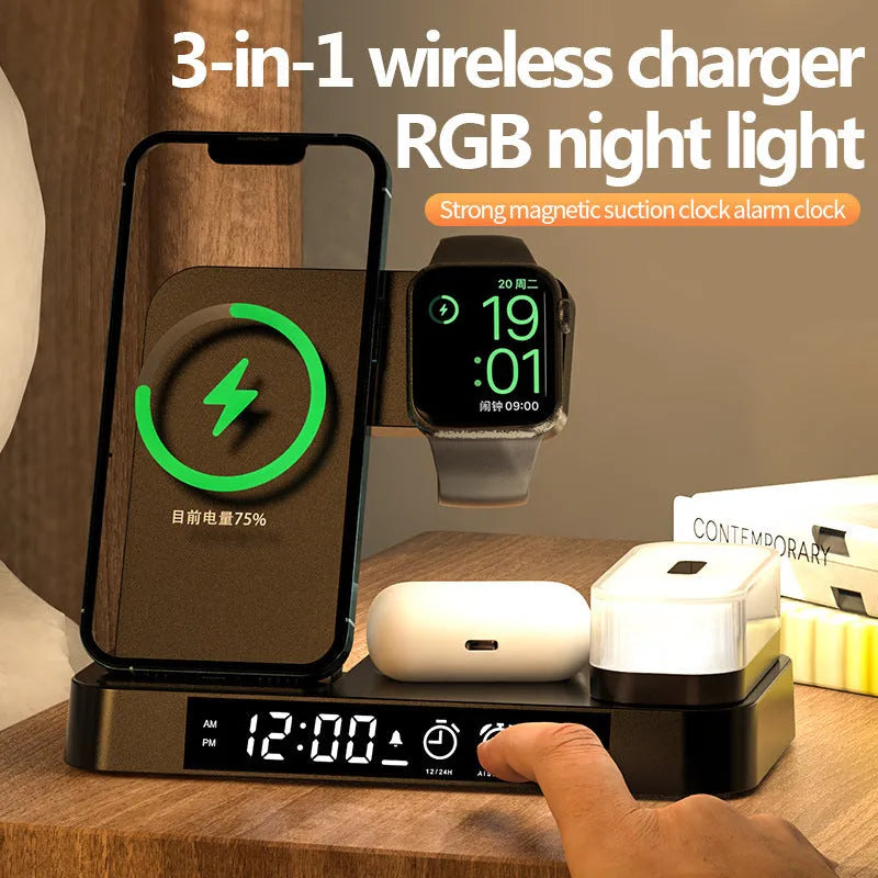 4-in-1 wireless charger station with foldable stand, alarm clock display, and RGB night light in white