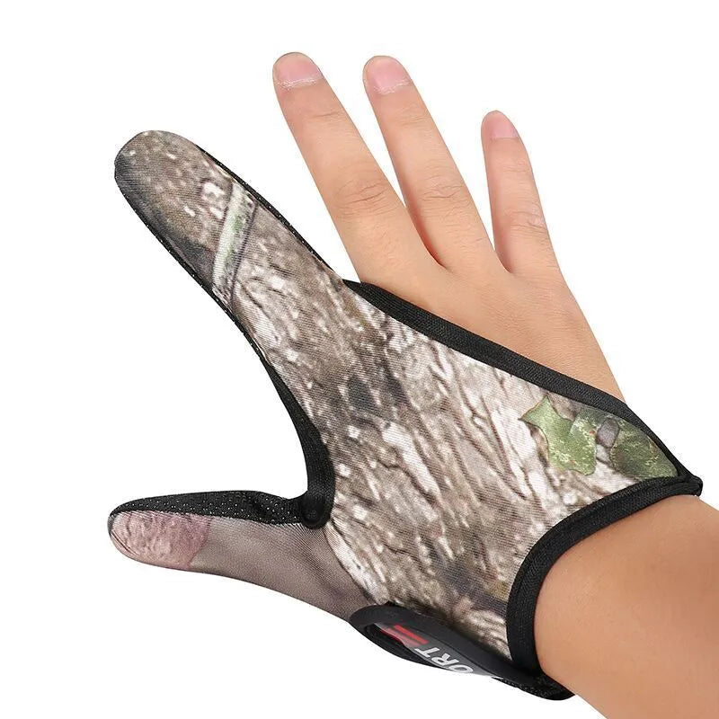 Two-finger fishing tackle glove for lure fishing in black colour showing diving cloth back and microfiber palm construction