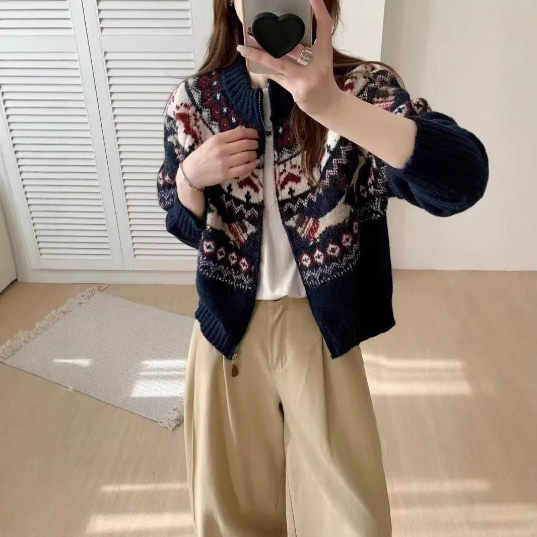 Ethnic style heavy industry jacard round neck pullover sweater with 3D effect pattern in apricot or navy blue loose fit