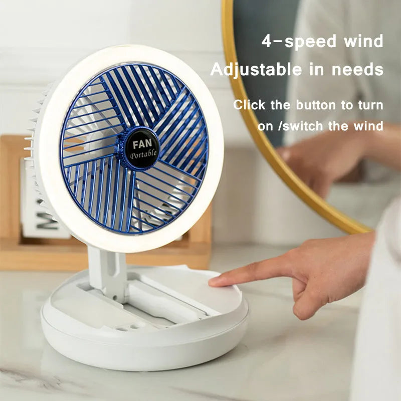 USB charging foldable table fan with LED light, 4 speed settings, in blue or grey, with pen holder
