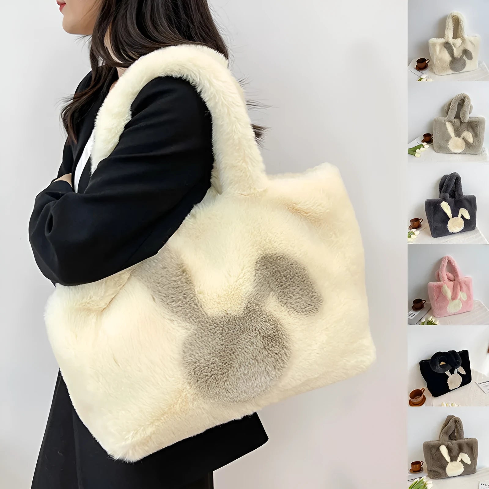 Plush cartoon rabbit ears shoulder bag in solid colour with large tote capacity