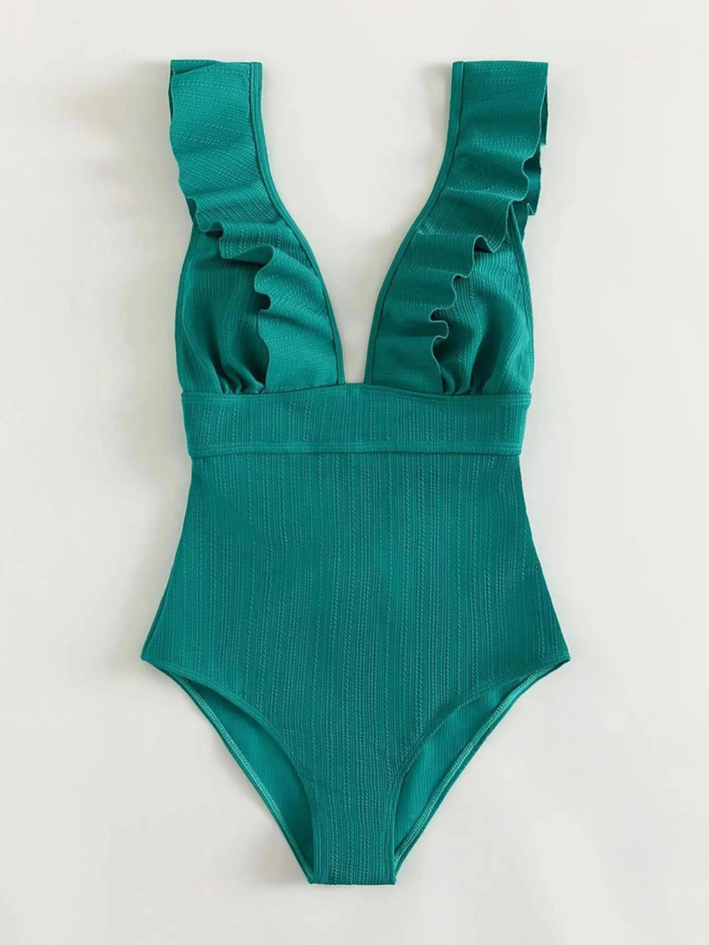 Women's one-piece solid-colour swimsuit with ruffled shoulder straps and back lace, black colour