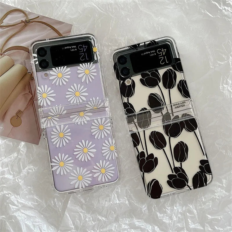 Samsung Galaxy Z Flip phone case with floral screen protector in Daisy colour