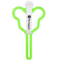 A hands-free dog poop bag holder with a fixed clip and adjustable hook and loop fastener attached to a dog leash.