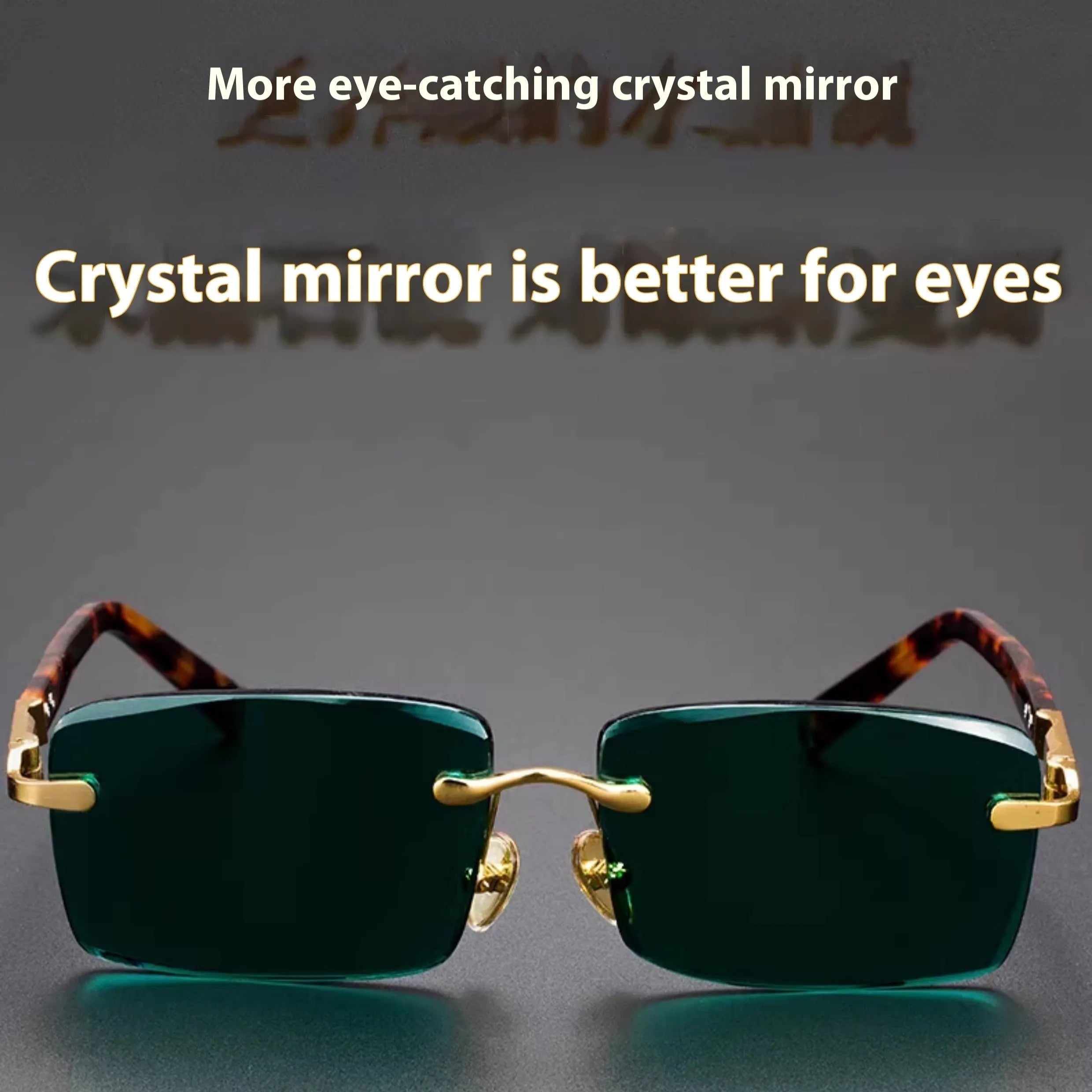 A pair of frameless rectangular sunglasses with dark green crystal lenses, a case, and a lens cloth.