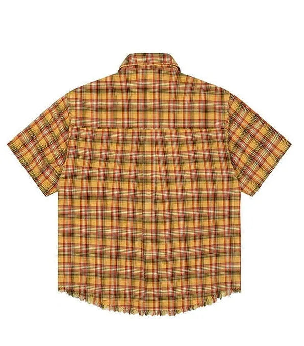 Yellow grid pattern short sleeve plaid shirt with embroidery pocket, loose fit design