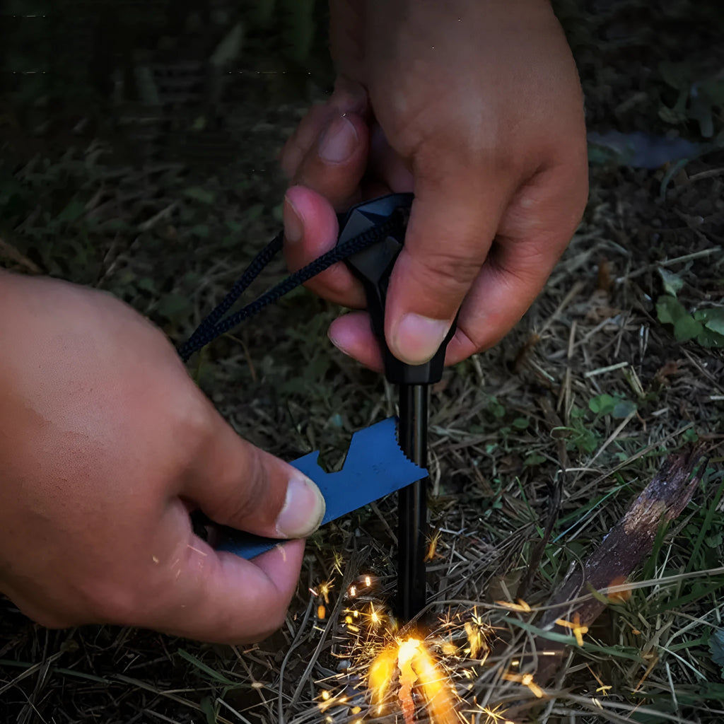 Outdoor camping multifunctional flint in black, 13cm magnesium rod with stainless steel scraper and survival whistle