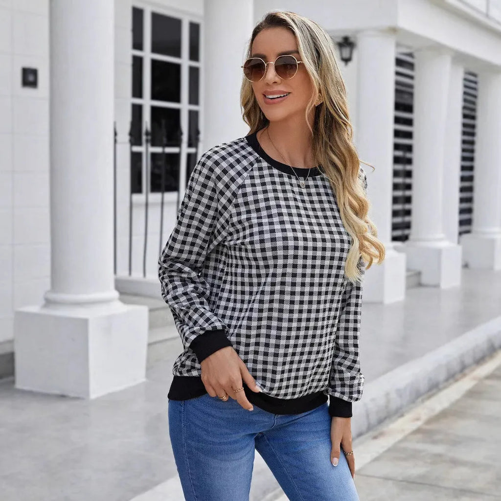Black Japanese sweet plaid striped pullover sweater with long sleeves