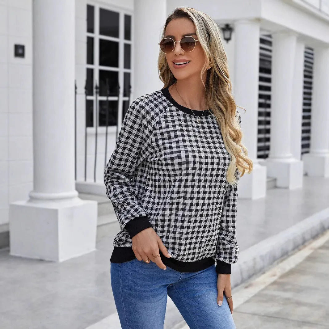 Black Japanese sweet plaid striped pullover sweater with long sleeves