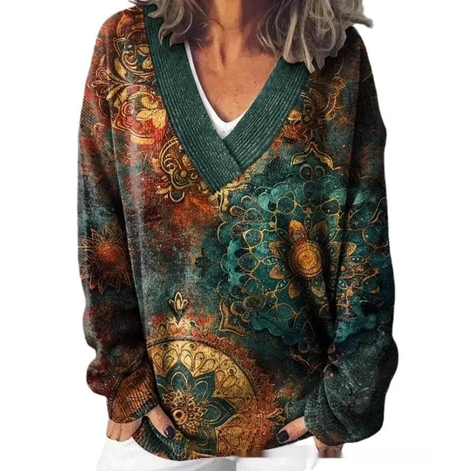 Women's V-neck long sleeve sweatshirt with a 3D floral art retro pattern in various colours