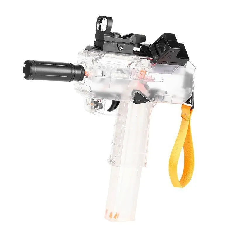 Electric water gun with transparent body and rechargeable battery held in hand, showing blue colour option