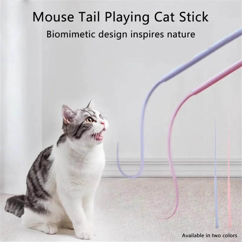 Blue simulated mouse tail cat teaser toy with long silicone tail and ABS handle on a white background.
