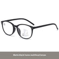 Women's multi-focus presbyopic glasses with ultra-light frame in various colour options on a table.