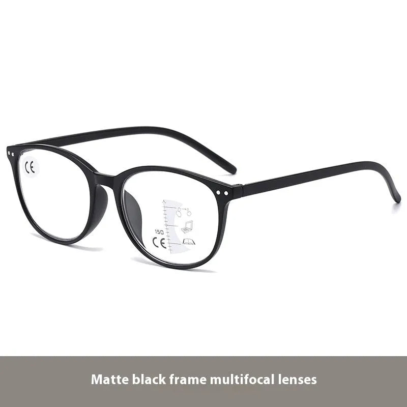Women's multi-focus presbyopic glasses with ultra-light frame in various colour options on a table.