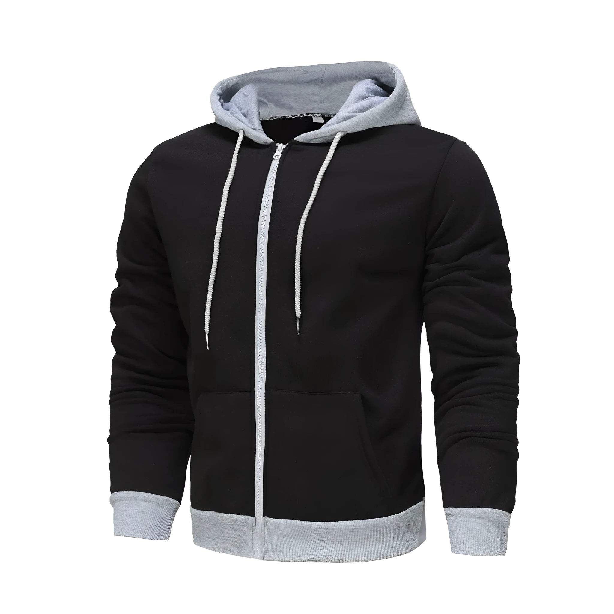 Men's zipper hoodie cardigan with wool lining, polyester fibre, size patch pocket, black with light gray hat