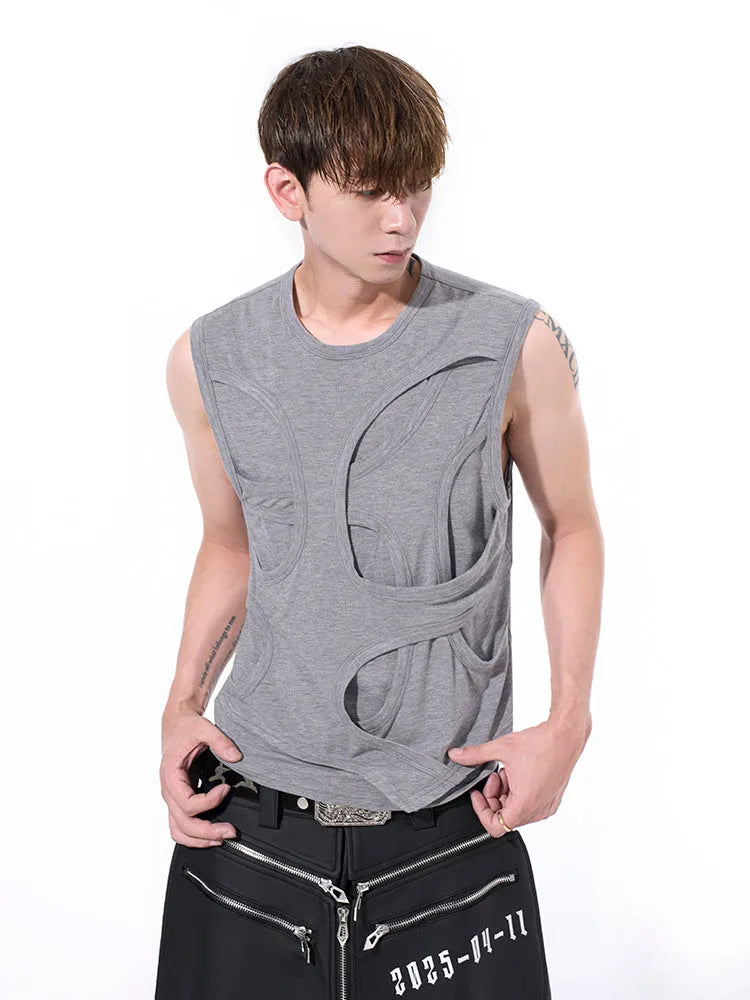 Man's solid black Lyocell sleeveless vest tank top with round neck collar