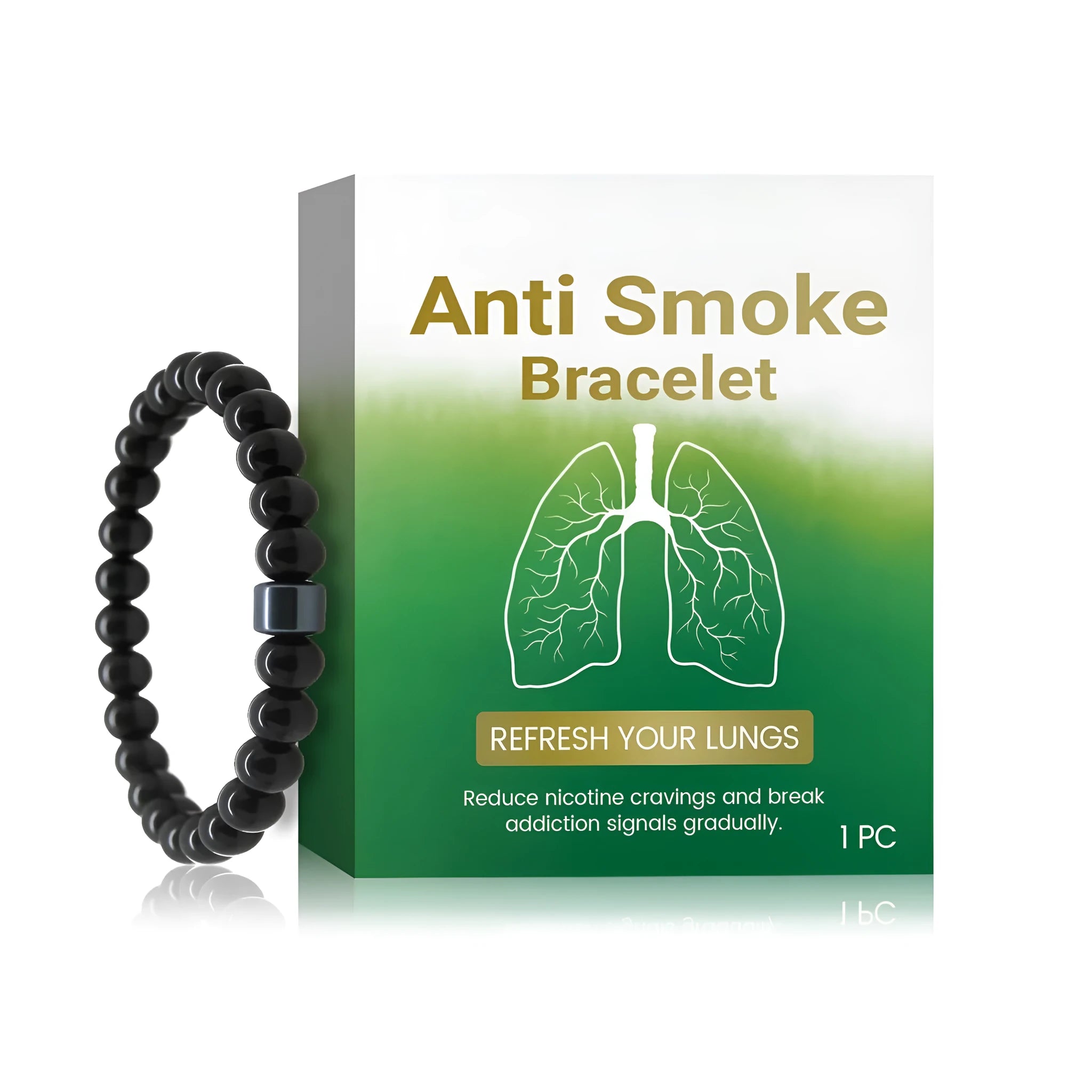Men's black gallstone and glass bead smoke prevention bracelet on a wrist.