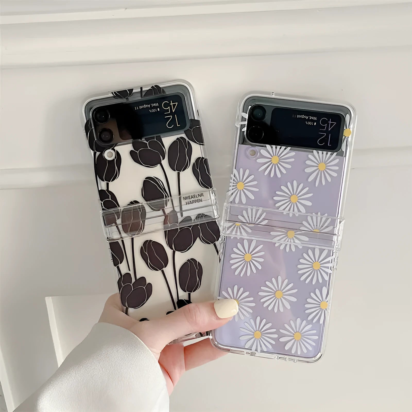 Samsung Galaxy Z Flip phone case with floral screen protector in Daisy colour
