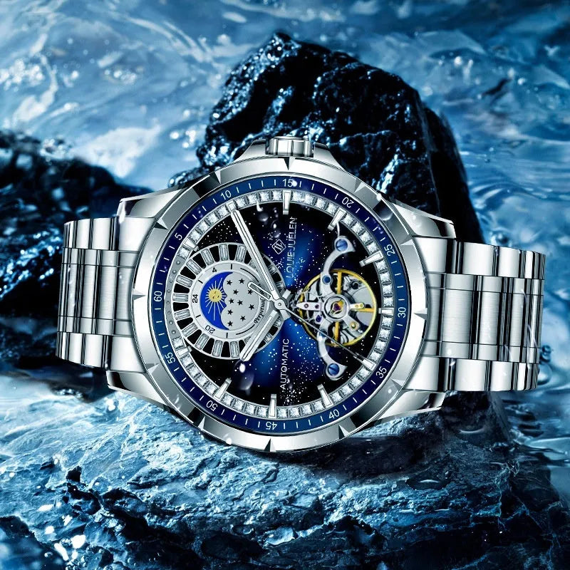 Automatic mechanical watch with silver alloy case, blue dial, stainless steel strap