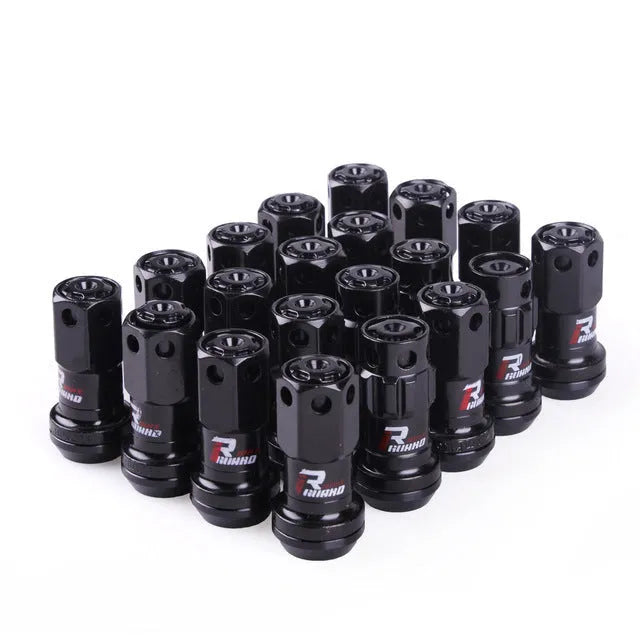 Set of aluminium alloy flat head wheel nuts in various colours including black, blue, gold, red, and purple.