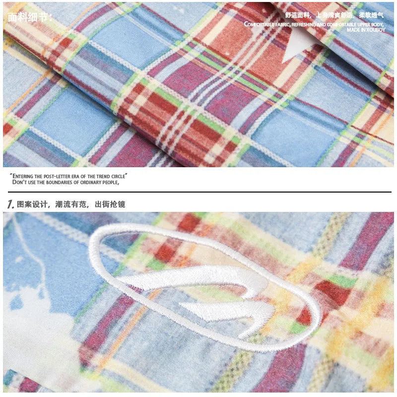 Men's retro plaid loose straight casual trousers in blue polyester fabric with mid waist and straight leg