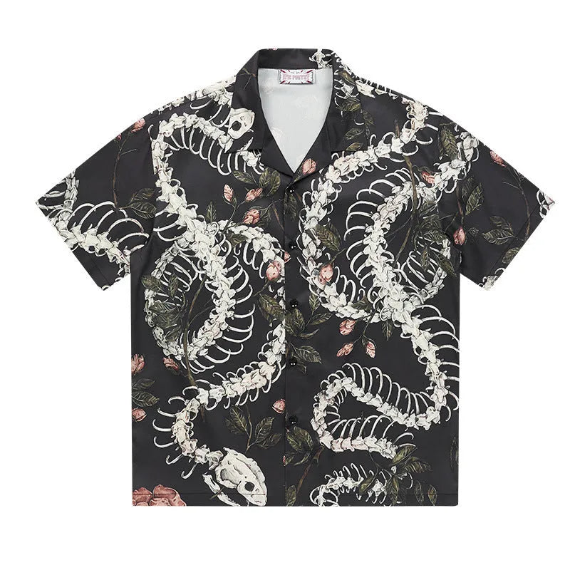 Short sleeve Cuban collar shirt with snake bone and flower pattern print in loose fit