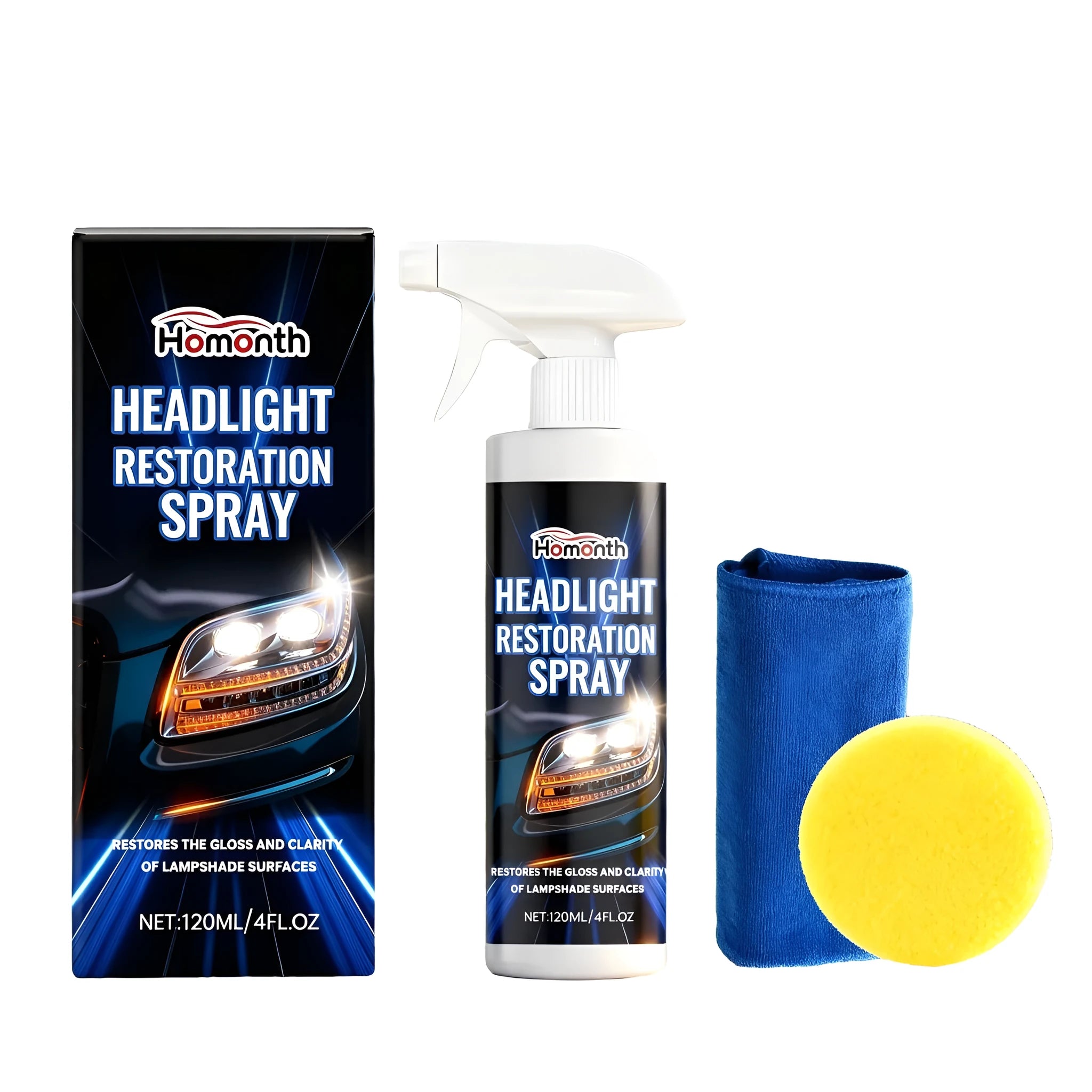 HOMONTH headlight restoration spray kit with 120ml bottle, sponge and towel