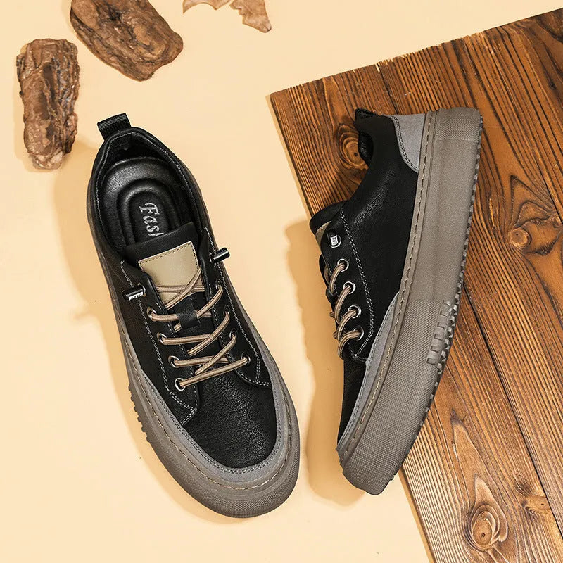 British round toe men's leather shoes – microfiber upper, rubber sole, flat heel, front lace-up, black colour, low-top board shoe style