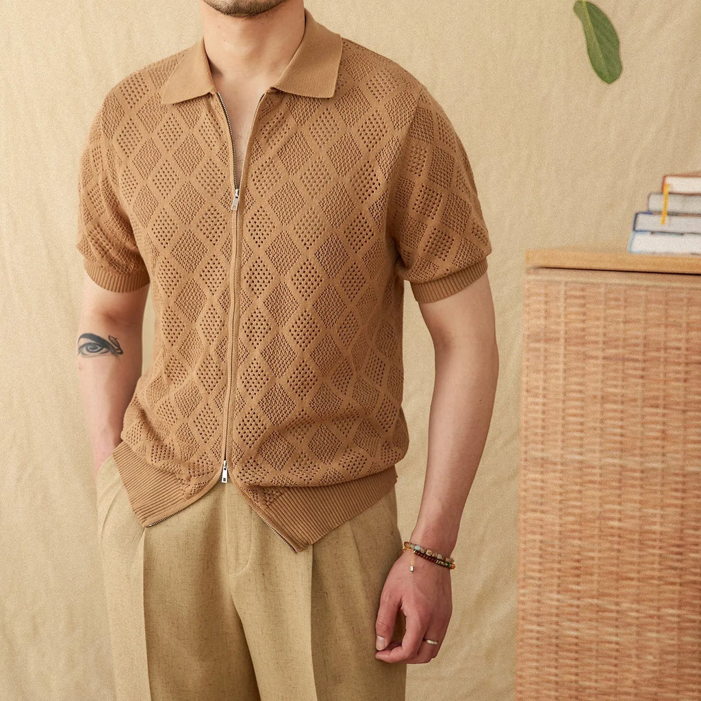 Men's light brown cotton short sleeve cardigan with lapel collar and front zipper