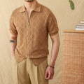 Men's light brown cotton short sleeve cardigan with lapel collar and front zipper