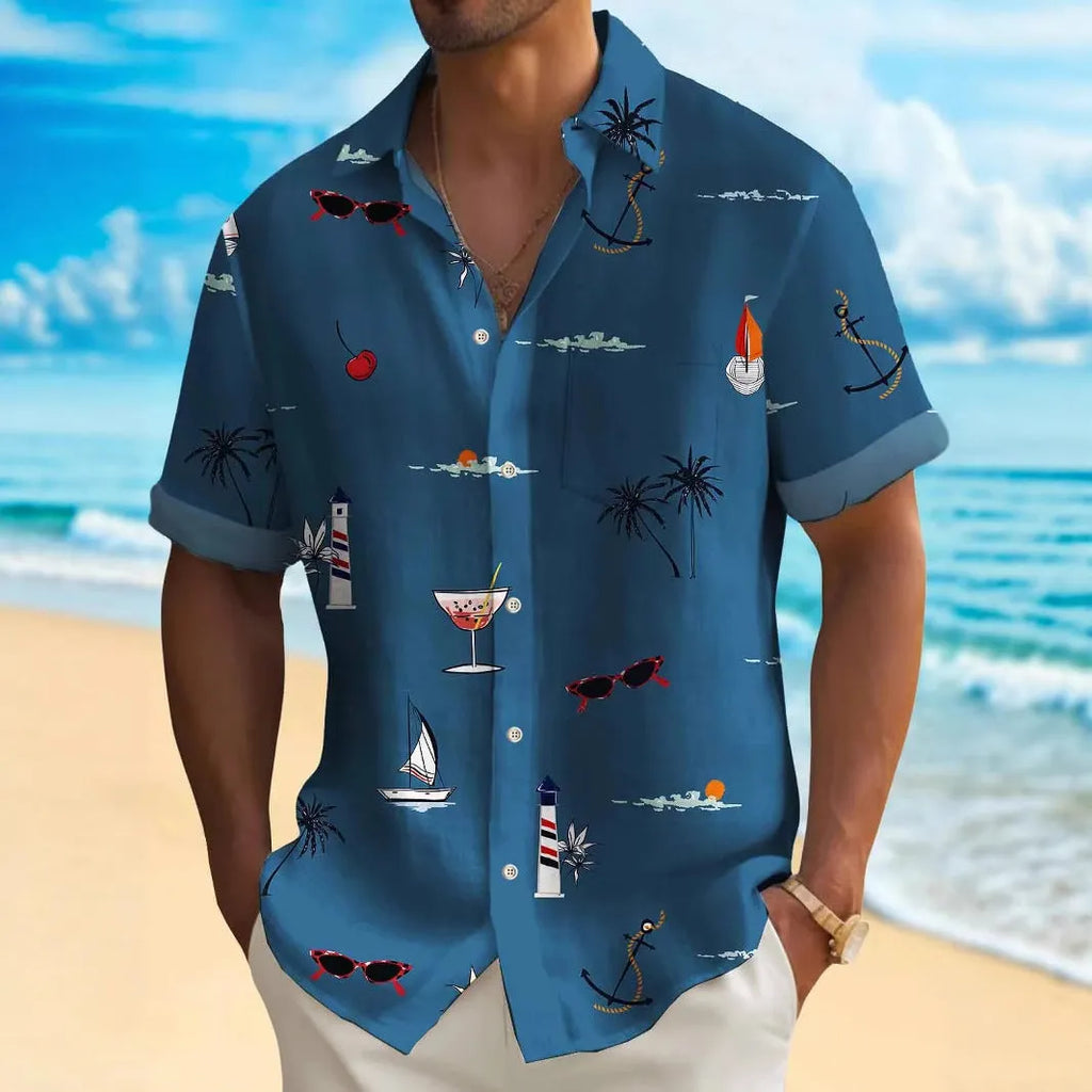 Men's loose fit Hawaiian shirt with digital print pattern and short sleeves.