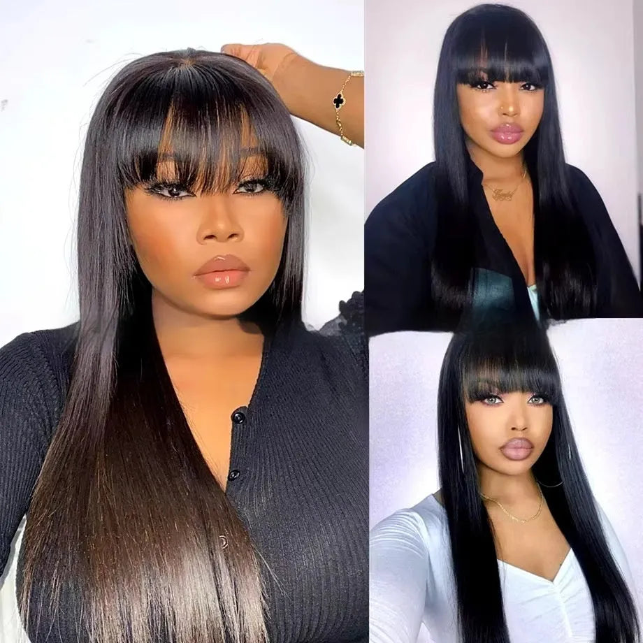 Natural colour human hair straight fringe wig with full-mechanism headgear no lace, 10-32 inch lengths