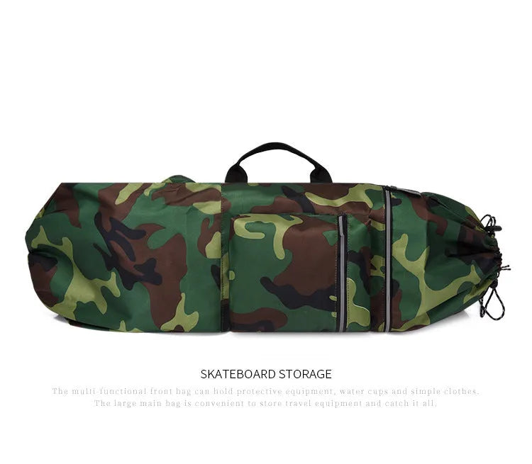 Large black nylon skateboard backpack with straps, shown next to a skateboard on grass.
