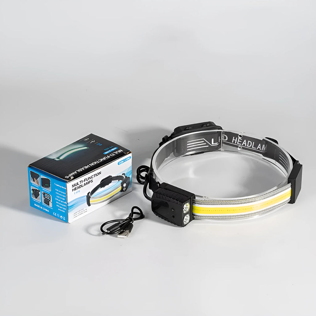 Black multifunctional ABS headlamp with COB and XPE LED bulbs for outdoor use