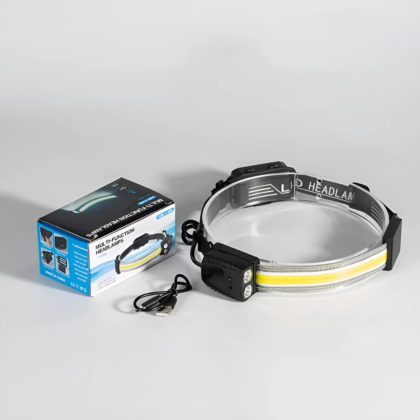 Black multifunctional ABS headlamp with COB and XPE LED bulbs for outdoor use