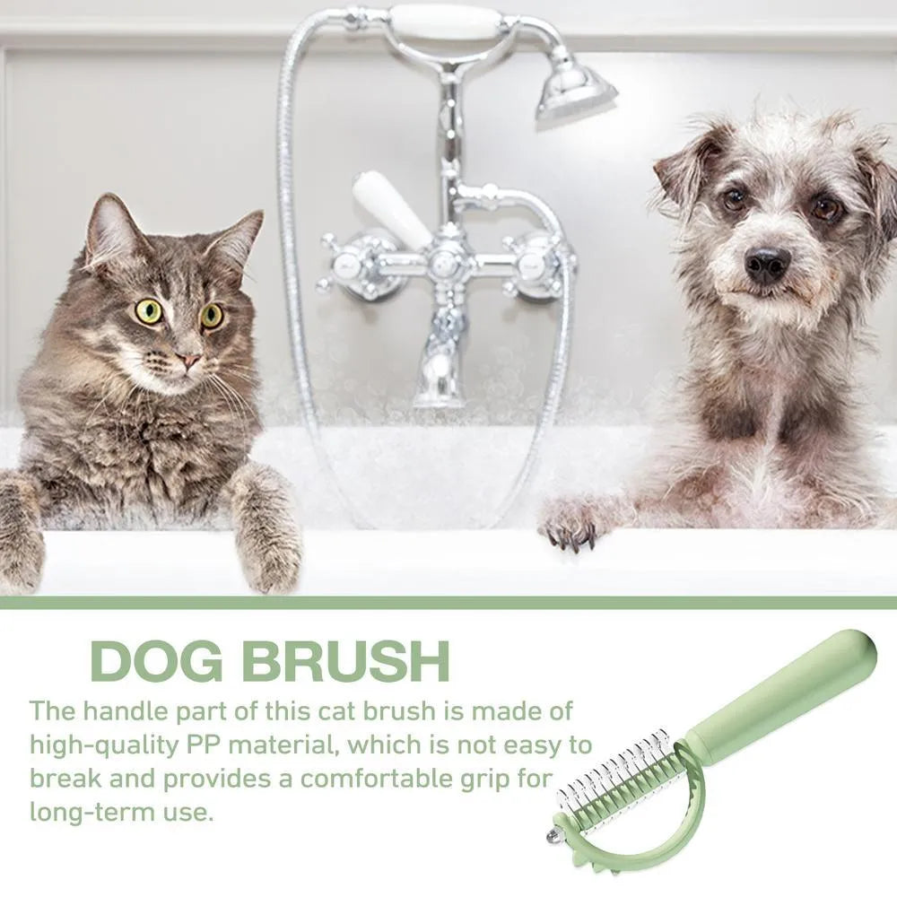 Blue dinosaur-shaped self-cleaning cat brush with stainless steel bristles on a white background