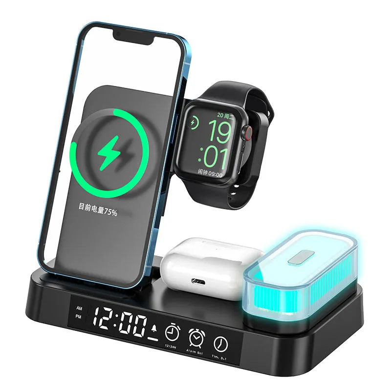 4-in-1 wireless charger station with foldable stand, alarm clock display, and RGB night light in white
