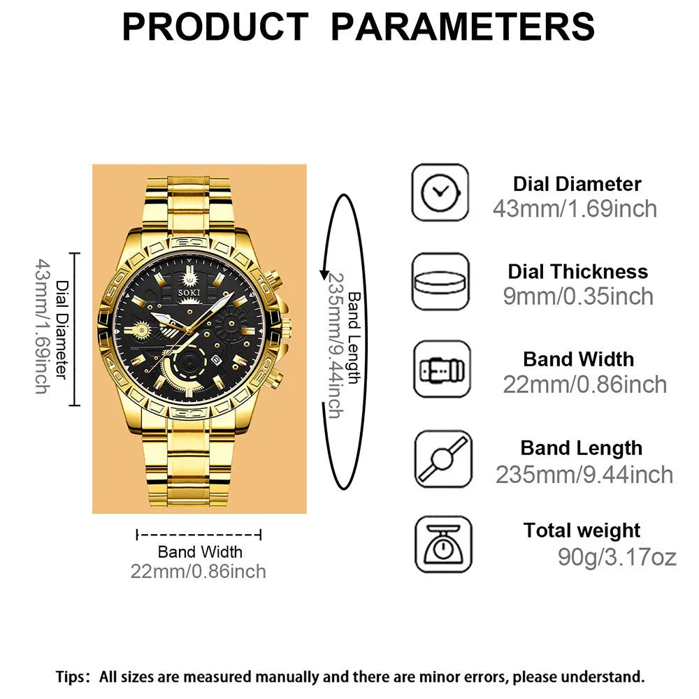 Gold men's business quartz watch with stainless steel bracelet and calendar display