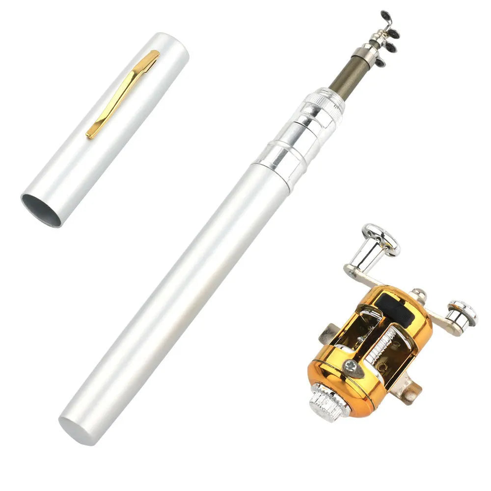 Compact telescopic pen fishing rod and reel kit collapsed to 20.5cm, shown with gold aluminium case.