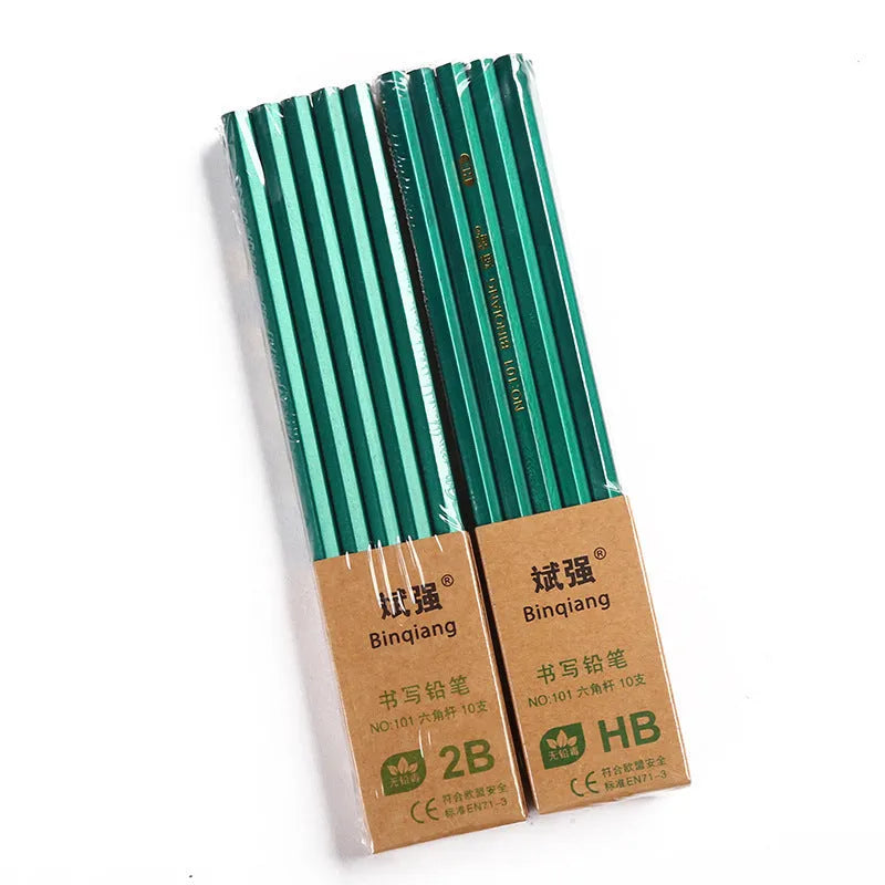 Green hexagonal wooden drawing pencils in HB and 2B grades, box of 10 pieces.