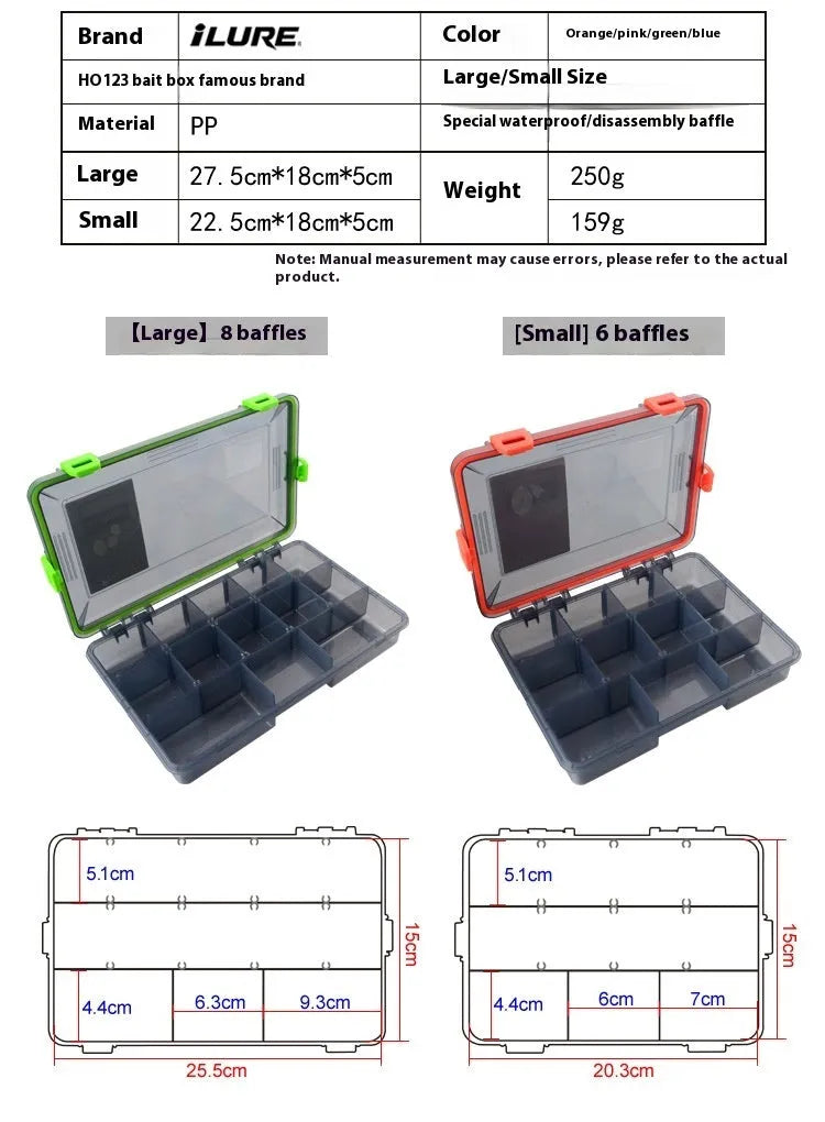 Multifunctional waterproof fishing lure box in blue, PP material, 225x180x50mm size