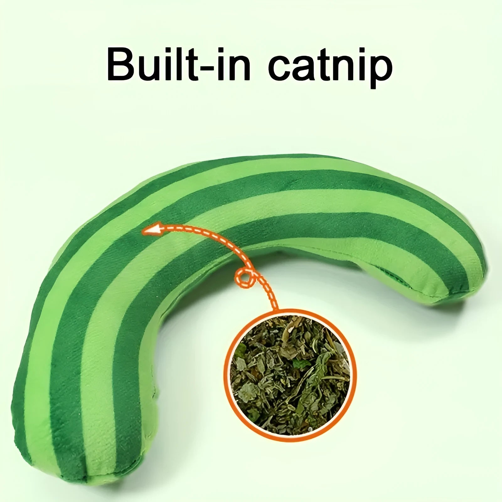 Striped fabric cat pillow toy with a noise maker and catnip strip, measuring 23 cm, in rainbow colours.