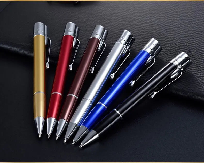 Creative metal signature pen lighter in black with windproof jet flame and red buttons on a white background