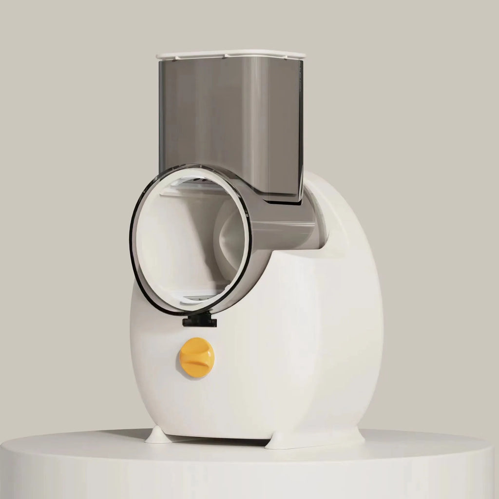 Electric vegetable slicer with suction base in white, showing feeding port and pressing rod