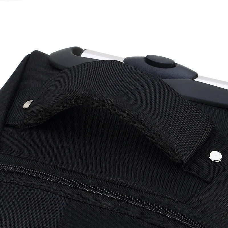 Black 18 inch nylon backpack trolley bag with letter pattern and shoulder strap for business travel
