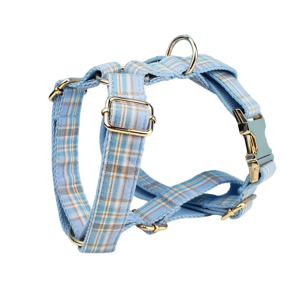 Sky blue grid forest dog collar and leash set with bow and vest on cloth material