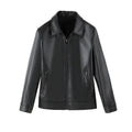 Men's black loose-fit PU leather casual jacket with zipper pockets on a plain background.